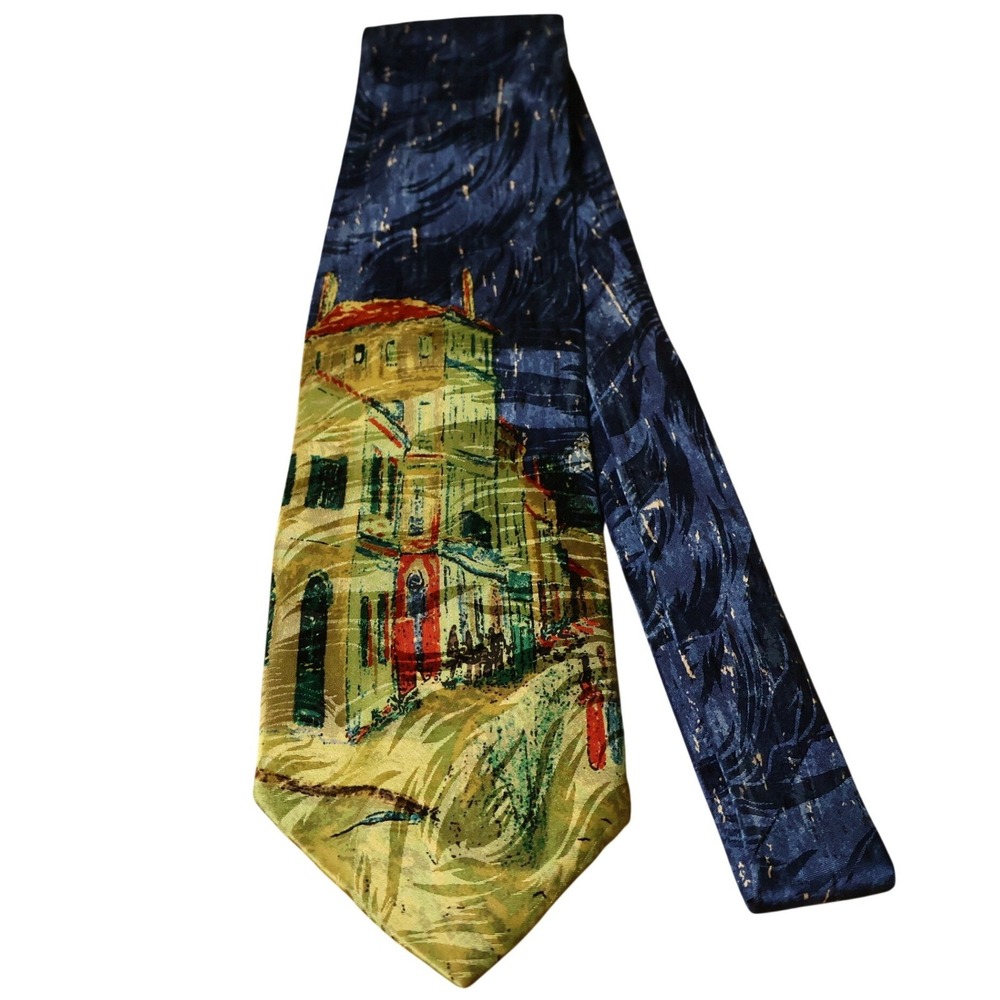 Museum Artifacts Van Gogh Yellow House Silk Tie Vintage 90s Blue Art Handmade